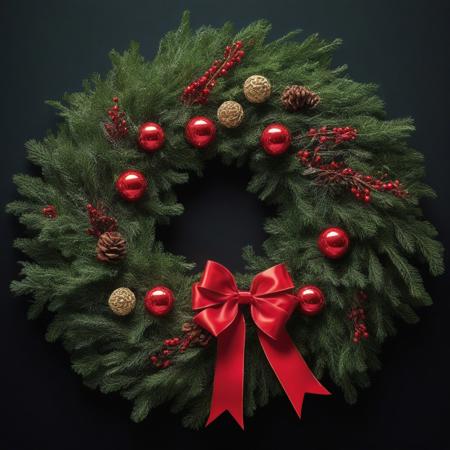 an image of a classic Christmas wreath decorated with coniferous branches, ribbons and tinsel. The wreath contains traditional Christmas elements such as holly, berries, decorative ornaments and a festive bow. The composition should evoke a sense of time and celebration, conveying the essence of a traditional Christmas wreath with a light touch of elegance and charm. This work of art aims to depict a classic and beautiful Christmas wreath, embodying the spirit of the holiday