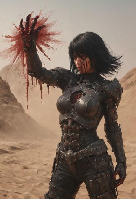 Closeup Portrait, Dark, black, Side view, piercing generic body with fist, Profoundly red grey dystopian desert, sand dust, rocks, Stains, space grunge style, black Hair, blonde Female Kenshiro from fist of the north star wearing used blackish Mad Max Styled leather armor, fist gauntlets, rips out the head and spine of opponent,  blood Splashes, Blood fountain, severed arm, gore, bones, fists up, 
restricted view, bodies in the background, action scene, Sci-fi vibe, dirty, noisy, Vintage, very detailed, hd, vibrant colors