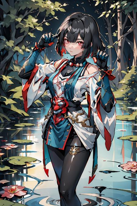 xueyi, outfit, claws, (paw pose:1.3), (expressionless:1.3), contrapposto, standing, white pantyhose, black hair, colored inner hair, red eyes, lake, grass, stones, spiderlily, lilypetal, water,  <lora:XueyiHSRLora-09:0.8>,  <lora:GoodHands-vanilla:1>