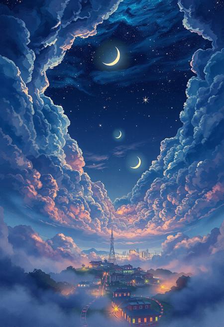 Highly detailed anime-style vertical night sky scene, 9:16 aspect ratio, 4K resolution. Painted in the aesthetic of Makoto Shinkai and Studio Ghibli. Towering, stylized cumulonimbus and cirrus clouds in dramatic deep blues, purples, and star-lit blacks. Fine anime cel-shading with vibrant watercolor blends. Layers of volumetric mist and glowing haze drift between the clouds. A glowing crescent moon partially hidden behind upper cloud banks. Below, a magical anime cityscape sparkles through the mist—colorful rooftops, glowing windows, tall towers rising above the fog, and distant train lights. Crisp anime line art, rich color contrast, sharp outlines, twinkling stars, cinematic lighting, and a dreamlike, emotional atmosphere. Ultra-sharp, clean anime render, inspired by “Your Name” and “Weathering with You”.