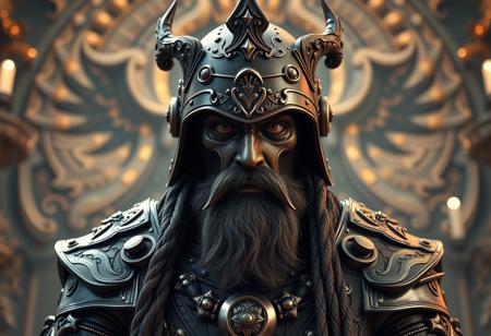 Generate a highly detailed, 16k octane render of a Celtic Guardian on an Altar of the Bound Deity background, incorporating elements of lucha libre and 70s design. The full-body portrait should feature a small beard, brown resin details, and high contrast metal accents. The image should adhere to the golden ratio and have a centered composition. Incorporate references to Art Nouveau and the styles of Steve Argyle, Giorgio de Chirico, and Lau. The atmosphere should be grim yet sparkling with cinematic lighting. Ensure the image is ultra-realistic with intricate details, vibrant colors, and a high level of texture. The final output should be 8k resolution with a Kodak film stock aesthetic. Apply post-processing techniques to achieve a masterpiece-level image trending on Artstation.