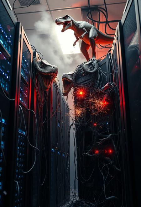 "A chaotic, high-tech server room overtaken by raptors. Sleek black server racks stand tall, their blinking blue and red lights flickering as cables dangle and spark from the destruction. Raptors, with sharp claws and piercing eyes, tear through wires, chew on cables, and topple equipment. One raptor stands atop a server tower, illuminated by the dramatic glow of emergency lights and alarms. The room is filled with flying sparks, shredded panels, and faint smoke trails, creating an intense and dynamic scene of prehistoric mayhem meeting futuristic technology."
