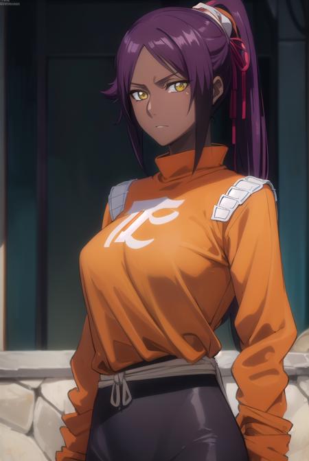 yoruichishihouin, <lyco:yoruichishihouin-lyco-nochekaiser:1>,
yoruichi shihouin, long hair, (yellow eyes:1.5), ponytail, purple hair, dark skin, (dark-skinned female:1.5),
BREAK bodysuit, black bodysuit, bodysuit under clothes, (orange shirt:1.5), long sleeves,
BREAK outdoors,
BREAK looking at viewer, (cowboy shot:1.5),
BREAK <lyco:GoodHands-beta2:1>, (masterpiece:1.2), best quality, high resolution, unity 8k wallpaper, (illustration:0.8), (beautiful detailed eyes:1.6), extremely detailed face, perfect lighting, extremely detailed CG, (perfect hands, perfect anatomy),