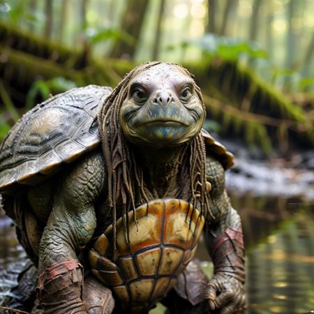 highly detailed portrait photo of a (tortle):1.0,


a primitive camp in a swampy jungle,

depth of field:1.2, blurry, blurry background,
realistic:1.3,

photorealistic,
fantasy, cinematic,
32k, best quality, 
god rays:1.2,
dappled sunlight:1.1,
shadow play:1.1,




