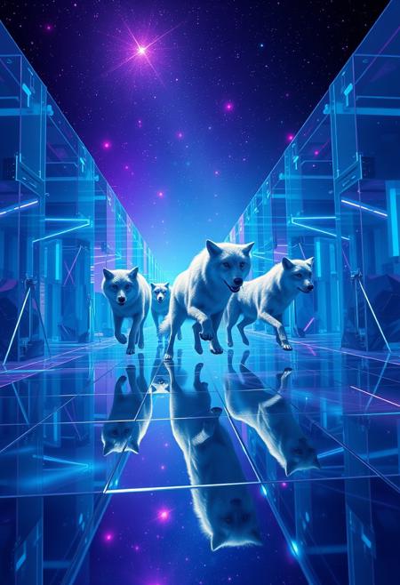 A pack of disco dancing wolves parkouring in zero gravity endless maze made of crystal glass and mirrors, shiny reflections and vaporwave lighting