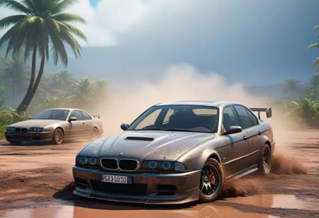 BMW e39 3, scratches, rainbow dust, fog, dirt, very beautiful, car on the island, by the fire, against the backdrop of a palm tree, the car is covered in mud and creaks, water on the ground, 3d rendering, cyberpunk, car with an American sports cars, street racing, perfect image, vibrations, game asset , symmetrical, tuner, modified car, wide body, tram, street racing, 4k, modding culture, photorealistic, high detail, game ready, other car racing, city life
