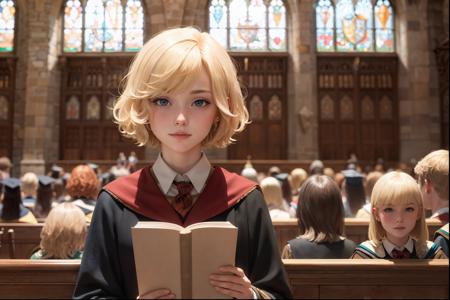 best quality, masterpiece, hogwarts student, blonde bob hair