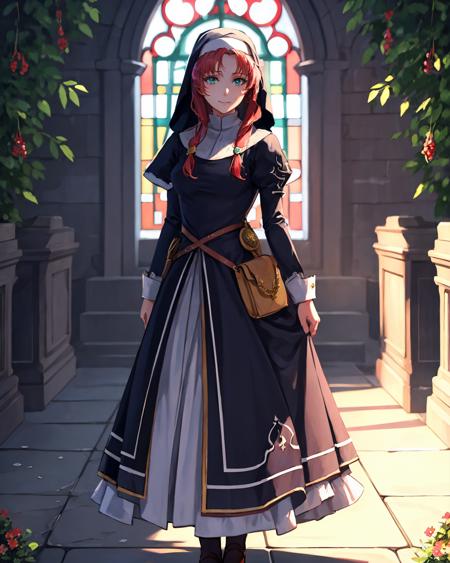 best quality, (masterpiece:1.2), illustration, absurdres,
(1girl), (solo), (beautiful detailed girl), full body shot,,
<lora:Ries-07:0.8>, Ries Argent, aqua eyes, red hair, (hair tubes:1.1), hair over shoulder, (sidelocks:1.1), small breasts, 
nun outfit, long skirt, habit, large gold medallion,
church garden, outside church, stained glass, flowers, bush, plants, trees, sky, clouds, day, fruits, berries,
looking at viewer, gentle smile,