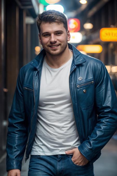 LukaDoncic,  photo of a man wearing leather jacket and jeans and white t-shirt walking down the street, smile, soft focus, photo by mark henderson, cinematic, natural lighting, muted colors, night, bokeh, face portrait, (extreme close up:1), urban, beard, dynamic pose, muscular, fog, red and blue neon city lights, alley, realistic, masterpiece, intricate details, detailed background, depth of field <lora:LukaDoncicLora:1>