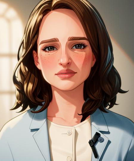 portrait, (adult woman), (1girl, solo), (looking at viewer), ((lab coat)), freckles, (medium hair), ((laboratory)), (best quality, high detail), ((masterpiece)),   <lora:1_whatif_18e:1>, <lora:NataliePortmanV1:0.7> Natalie Portman, natip,