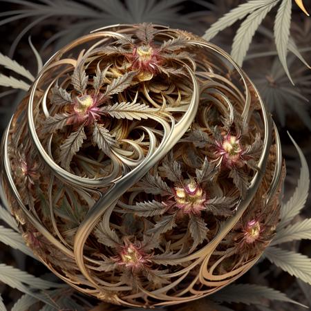 <lora:Artcanum:0.66> <lora:GANnabis-000009:0.6> a metallic sphere of swirling cannabis flower stalks and leaves, GANnabis, artcanum