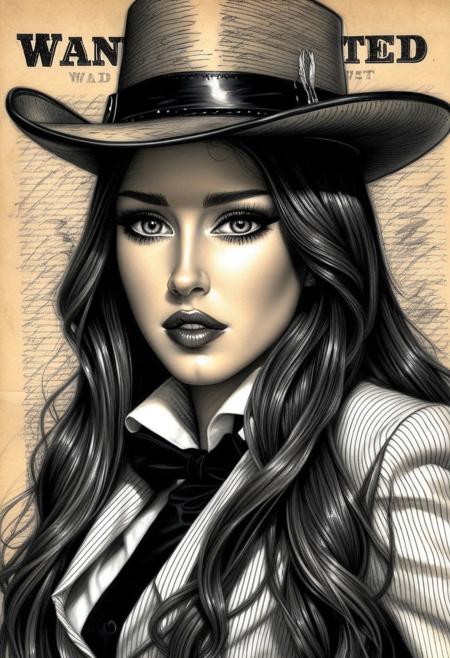 beautiful busty 23yo cowgirl N1N4 posing on wild west "WANTED" paper, wearing <hat, tuxedo dress>, wild west pencil sketch theme