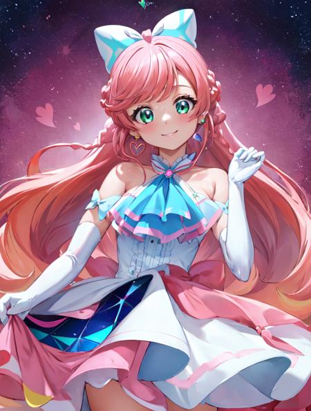 cure prism pink hair, long hair, side braid, white ascot, white boots, elbow gloves, hair ribbon, earrings, layered skirt, heart ahoge, sleeveless