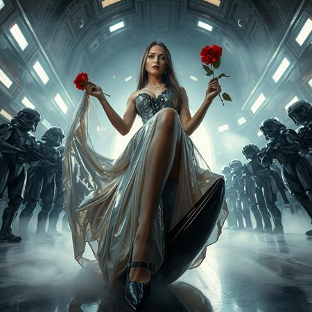 slender arrogant cold femme fatal russian princess wearing rich full skirt glossy silver foil high slit gown, small size opulent glossy black  high heels, jewels, lace top stockings, red rose in her right hand, lifting  long  waving skirts with her left hand,   covered with ultrathin slime long veils, posingsitting in giant glossy high heel fetish shoe , view from below, evil grin, green eyes, lipstick, giant portal to outer space, fog from the floor, empire spaceship hangar, surrounded by halo odst troopers, TIE spaceships at the background, fashion look, hollywood, vogue makeup, porcelain skin, long haired, ultrathin waisym reminiscent of Lucas, Spielberg styles, with close-up glamour photography and dramatic lighting view from below,