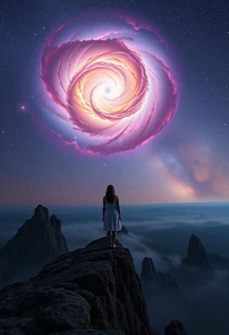 woman on cliff, galaxy sky, spiral galaxy, colorful nebula, cosmic wonder, surreal landscape, fantasy night sky, glowing stars, ethereal atmosphere, stargazing, otherworldly rocks, luminous space, introspective moment, dreamlike scenery, vast universe, surreal photography,  eerie landscape, floating objects, fog, isolation, disintegration, dreamlike, muted colors, surrealism, existential themes, haunting atmosphere, moody lighting, dark fantasy