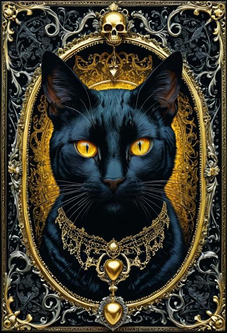 A gothic halftone depiction portrays a menacing-looking black cat with luminescent eyes. The feline dons a collar adorned with a skull-shaped pendant. Centralized in an ornate frame, the illustration features intricate components such as bones, skulls, and bat wings. Beneath the frame, a substantial gem radiates a mystical aura. Enveloped in a dark and enigmatic backdrop, the entire piece exudes a somber, eerie, and occult ambiance.