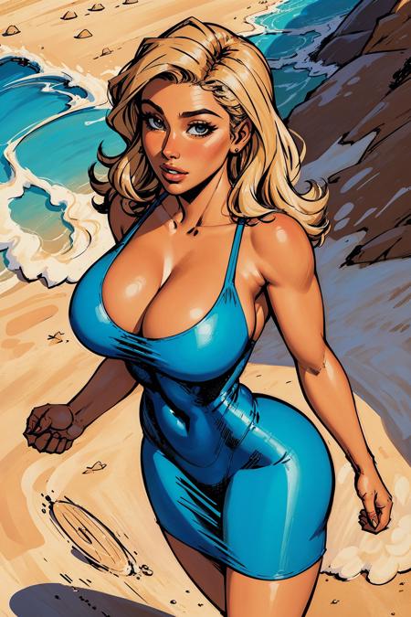 cleavage, bodycon dress, facing_viewer, from_above, btpt-fc, <lora:btpt-fC_v1.2a:1>,  supermodel,masterpiece, sand, beach, comics style, analog style, illustration, lineart