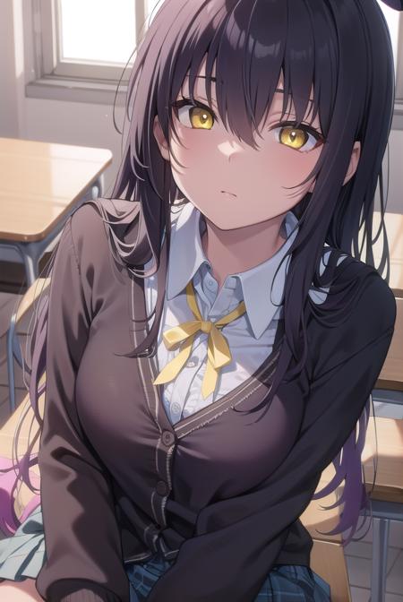 bluearchivekarin, <lyco:karin-lyco-nochekaiser:1>, 
karin, ahoge, black hair, dark skin, dark-skinned female, halo, long hair, (yellow eyes:1.5),
BREAK cardigan, neck ribbon, pleated skirt, ribbon, school uniform, skirt, blue cardigan, 
BREAK looking at viewer, 
BREAK indoors, classroom,
BREAK <lyco:GoodHands-beta2:1>, (masterpiece:1.2), best quality, high resolution, unity 8k wallpaper, (illustration:0.8), (beautiful detailed eyes:1.6), extremely detailed face, perfect lighting, extremely detailed CG, (perfect hands, perfect anatomy),