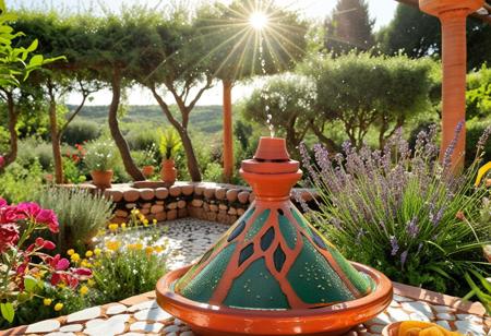 Concept: lush, vibrant, serene, intricate, flourishing, magical, earthly, harmonious, inviting, culinary.
Core Elements: Tagine, flowers, herbs, garden, sunlight, dew, aroma, natural patterns, verdant landscape.
Atmosphere/Mood: peaceful, joyful, idyllic, refreshing, calm, warm, inviting, enchanting, blissful, harmonious.
Setting Details: secret garden, ancient courtyard, sun-drenched patio, cascading waterfalls, blooming arbors, vibrant flora, singing birds, gentle breeze, dew-kissed leaves, moss-covered stones.
Lighting: soft, natural sunlight, dappled light, golden hour glow, shimmering dew drops, gentle highlights, subtle shadows, warm light, ambient luminescence, sparkling reflections.
Composition: centered Tagine, eye-level, wide shot (to show garden expanse), close-up details (flowers/herbs), dramatic framing, immersive view, focus on natural beauty.
Color Palette: dominant vibrant greens, earthy browns, terracotta; an explosion of brilliant floral colors: fuchsia, lavender, sunny yellow, sky blue, rose pink, emerald green, ruby red, golden orange. Rich, natural, harmonious, vibrant tones.
Quality: photorealistic, ultra detailed, intricate textures, cinematic atmosphere, visually striking, hyperrealistic, artistic, culinary art, natural, fantastical, garden.
