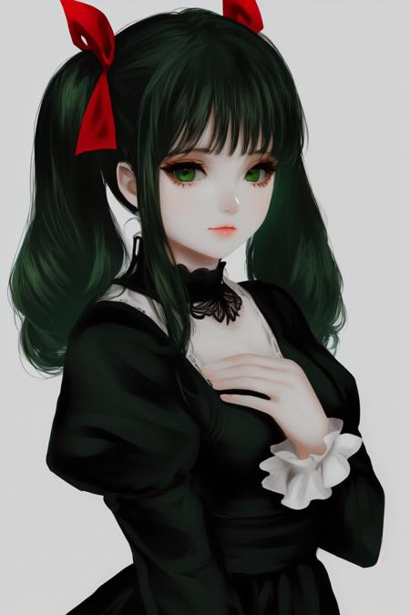 skistyle, solo, 1girl, twintails, simple background, long hair, dress, ribbon, red ribbon, bangs, black dress, looking at viewer, blunt bangs, white background, closed mouth, black hair, long sleeves, puffy sleeves, green hair, grey background, black eyes, juliet sleeves, green eyes