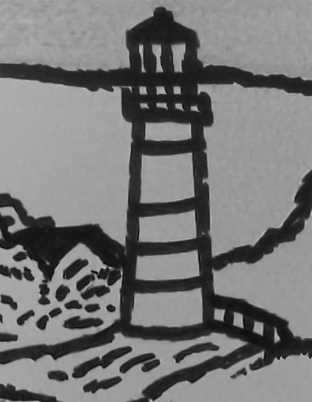 a black and white drawing of a lighthouse in front of a cliff