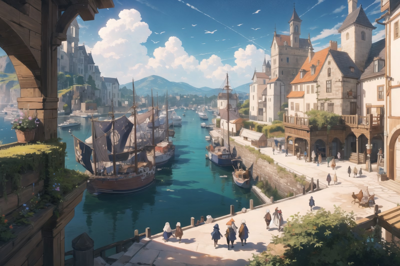 (masterpiece:1.2), Crowded Monoeing Harbor, Middle Ages, Fantasy World, Complex