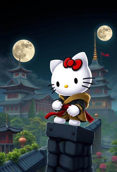 Image is a close up digital fantasy artwork featuring hello kitty ninja character squatting high on a japanese castle wall. She has white fur. She's wearing a ninja outfit with a red bow on ear.The background is of a japanese castle, full moon, laterns, japanese garden.