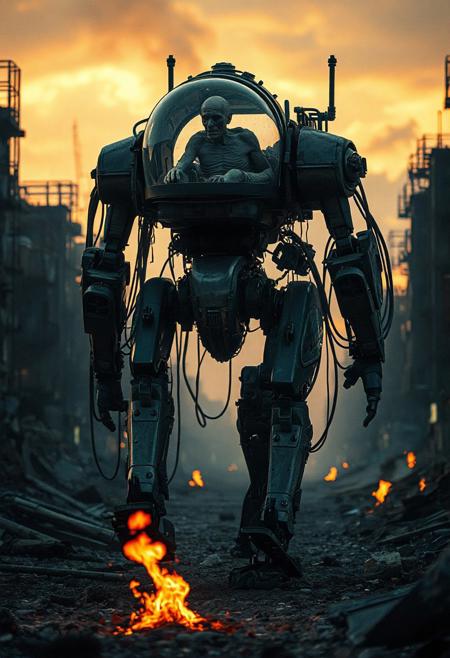 It is dawn. Various fires light up the area. an action filled movie shot of a tall walking mecha robot with a lot of dangling cables and visible machinery in a broken urban setting. The robot has a backpack with a glass dome. Inside the dome is the withered remains of an old human. The human is used to power the robot and is connected with cables. realistic, the robot is engaged in warfare, combat, sitting in a combat position with one knee up and one hand on the ground. 4k, futuristic, fallout-inspired, Retrofuturism, atomic-punk