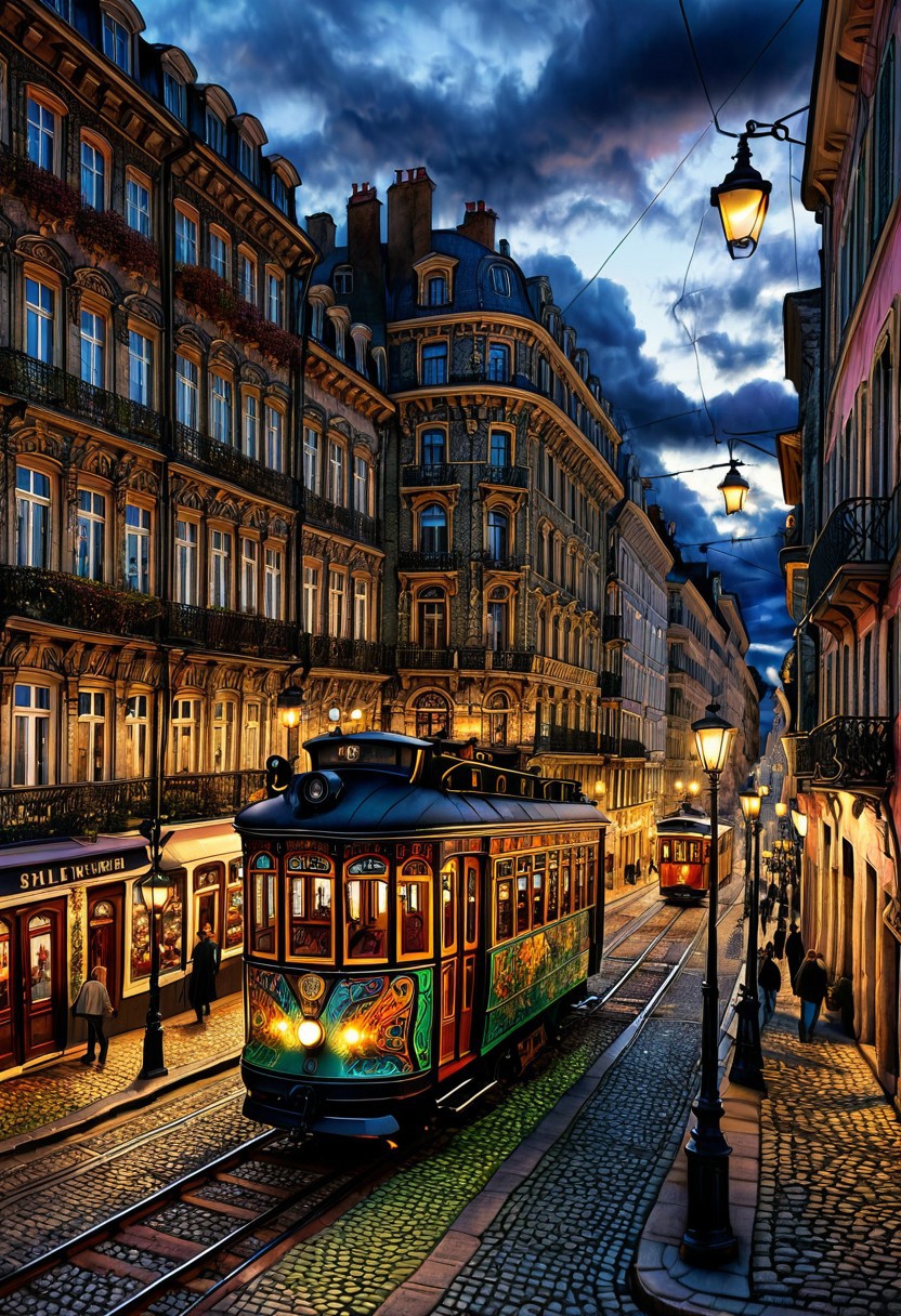 A vibrant, detailed pen illustration of a vintage tram on cobblestone streets at dusk, winding through a charming, historic European city with colorful buildings, intricate balconies, and lights glowing from windows. beautiful dark sky, dramatic clouds. Street lamps are lit, casting a glow on the scene, and the tram is filled with passengers, creating a lively, yet cozy atmosphere. The tracks curve dynamically, drawing the viewer's eye through the image. Trees and urban details like graffiti on walls add depth and texture. The overall mood is nostalgic and picturesque.