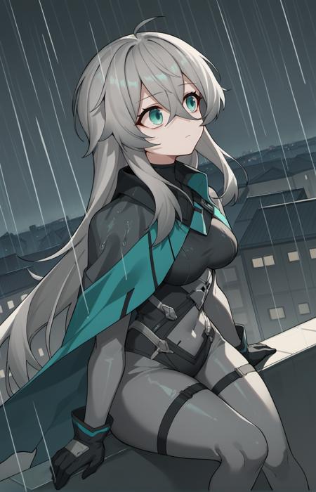 katja, long hair, grey hair, hair between eyes, ahoge, aqua eyes, black bodysuit, grey bodysuit, cape, gloves, medium breasts