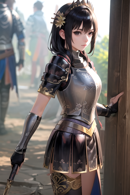 KichoKessen, 1girl, solo, black hair, hair ornament, armor, black eyes, shoulder armor, breastplate, japanese armor