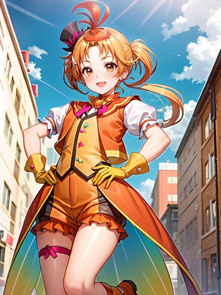 (extremely detailed CG), (best quality), 1girl, perfect face,  shiny skin, lustrous skin, wide hips, narrow waist,  <lora:CureWing-10:0.8> CureWing,vest, skirt, streaked hair, knee bots, puffy short sleeves,multicolored hair,thigh strap,mini top hat yellow gloves,puffy sleeves, orange footwear, short sleeves, shorts,bow orange eyes,top hat, orange glooves,mini hat,floves , earrings, orange hair, hands on hips, smile,standing(single twintail)indoors