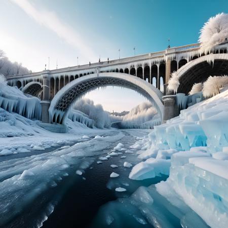 <lora:Fr0stWrld4>, fr0stwrld, massive roman arched bridge, (made out of ice:2), in a snow covered land, spanning a flowing river, angled upward, shot from low and close:, (from_below:2), cinematic_angle, dynamic_angle,