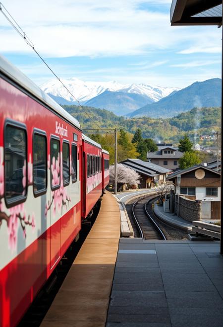A serene Japanese commuter train, wrapped in vibrant cherry blossom decals, smoothly tracks along the edge of a peaceful train station, framed against a stunning backdrop of snow-capped mountains and rolling hills blanketed with lush greenery. The scene unfolds as the camera pans out, revealing a tranquil expanse of traditional villages, their rustic rooftops emitting wispy smoke.