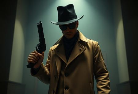 Mysterious man wearing long beige trench coat, black top hat, sunglasses obscuring face, neck bandana, stands in a dim room. Holds large black gun in right hand, left hand raised gesture, poised for action. Cinematic film noir, dramatic low-key lighting, chiaroscuro, high detail, sharp lines, 4K, Octane Render, Unreal Engine 5, impeccable composition, trending on ArtstationHQ, CGSociety.