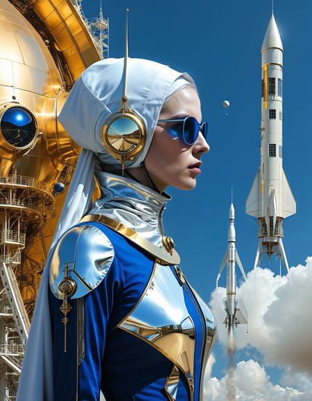 surreal science fiction artwork, silver, royal blue, elegant, intricate, viewed from side, golden ratio, viewed from the side, futuristic nun, rocket launchpad in the background <lora:xl_more_art-full_v1:0.5> <lora:add-detail-xl:0.75> <lora:MJ52:0.4> <lora:hand 5.5:1>