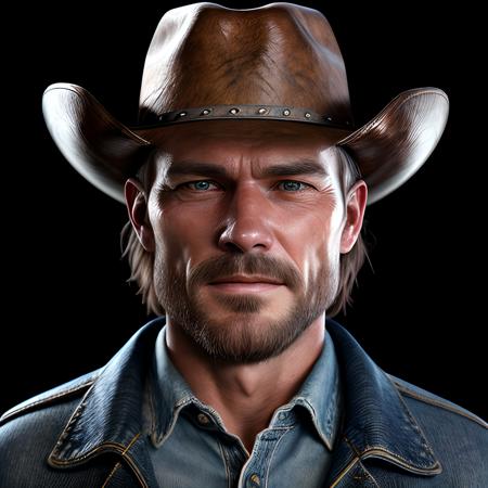 complex 3d render ultra detailed of a cowboy face, stetson hat, beautiful studio soft light, rim light, vibrant details, leather, denim, hyper realistic, anatomical, facial muscles, 23 years old, clean shave, elegant, black background, octane render, Wild West ,<lora:more_details:0.4>
