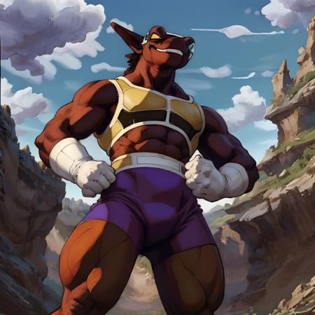 Neiz musles muscular brown skin purple skin tight bodysuit white gloves white boots scouter saiyan armor