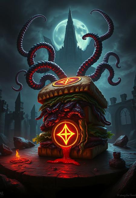 Lovecraftian horror, dark and twisted, eerie atmosphere, broodwich, ancient cursed sandwich, eldritch symbols, tentacles emerging, otherworldly glow, gothic ruins, ominous sky, dark shadows, cosmic horror, cursed artifact, unsettling presence, surreal, detailed textures, dark fantasy, horror elements, unsettling colors, grotesque, cursed object, blood-red meat, glowing sigils, incomprehensible terror, high resolution, ((masterpiece)), twisted humor
