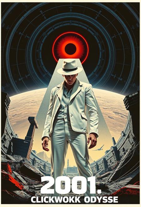 Design a bold and surreal movie poster for 2001: CLOCKWORK ODYSSEY, blending the dystopian, rebellious world of A Clockwork Orange with the futuristic, cosmic journey of 2001: A Space Odyssey. In the foreground, depict Alex, the protagonist of A Clockwork Orange, in his iconic white outfit, bowler hat, and single eyelash, standing in a menacing pose. Behind him, the vast, cold expanse of space is visible, with a massive HAL 9000 eye watching over, glowing red in the darkness. Incorporate Kubrick’s signature geometric designs, such as the monolith and stark circular spaceship interiors, mixed with the gritty urban decay from Clockwork Orange. Use a striking color palette that contrasts the warm oranges and deep shadows of Clockwork Orange with the clean whites and cold blues of 2001. Title the movie 2001: CLOCKWORK ODYSSEY in a fusion of both films’ typographic styles, bold and cinematic.