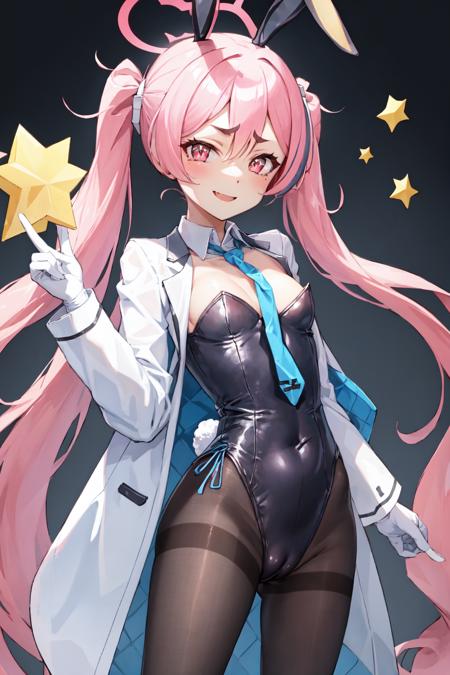 masterpiece, best quality, ultra-detailed, 1girl, koyuki, animal ears, black leotard, pink hair, blonde hair, blue necktie, fake animal ears, halo, jacket, necktie, pantyhose, playboy bunny, rabbit ears, smile, solo, standing, streaked hair, top hat, two-tone hair, white gloves, white pantyhose <lora:koyukiV3:1>