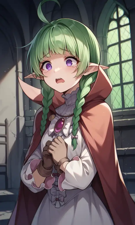  nah, twin braids, cape, purple eyes, green hair, ahoge, thighhighs, garter straps, brown gloves, pointy ears, 