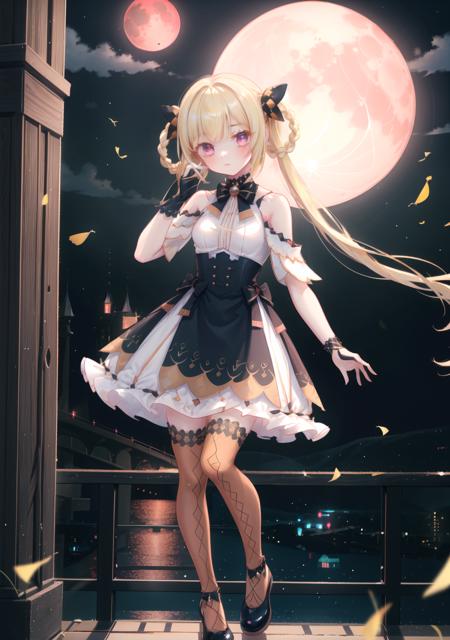 (masterpiece),best quality,highres,stunning art,beautifully painted,colorful,soft lighting,fantasy,ray tracing,
,outdoors,at night,red moon,old castle,against window,standing,dancing,solo,1girl,
,shian,bow,(braid),twintails,long hair,blonde hair,oil brighten hair,(finely detailed eyes and detailed face:1.3),expressionless,medium breasts,long waist,skirt,official clothes,off shoulder,gloves,thighhighs,shoes, <lora:ShianV2A2-000020:0.88>