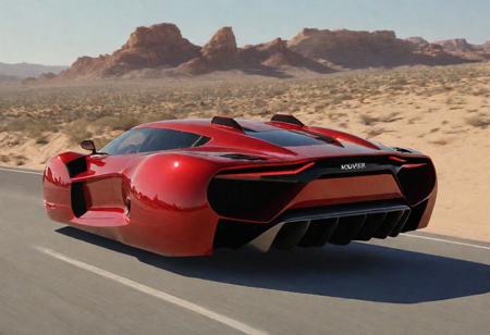 photo of red hover (2020's sports car), nowheels, science fiction, scifi, futuristic, city, paved road, flying