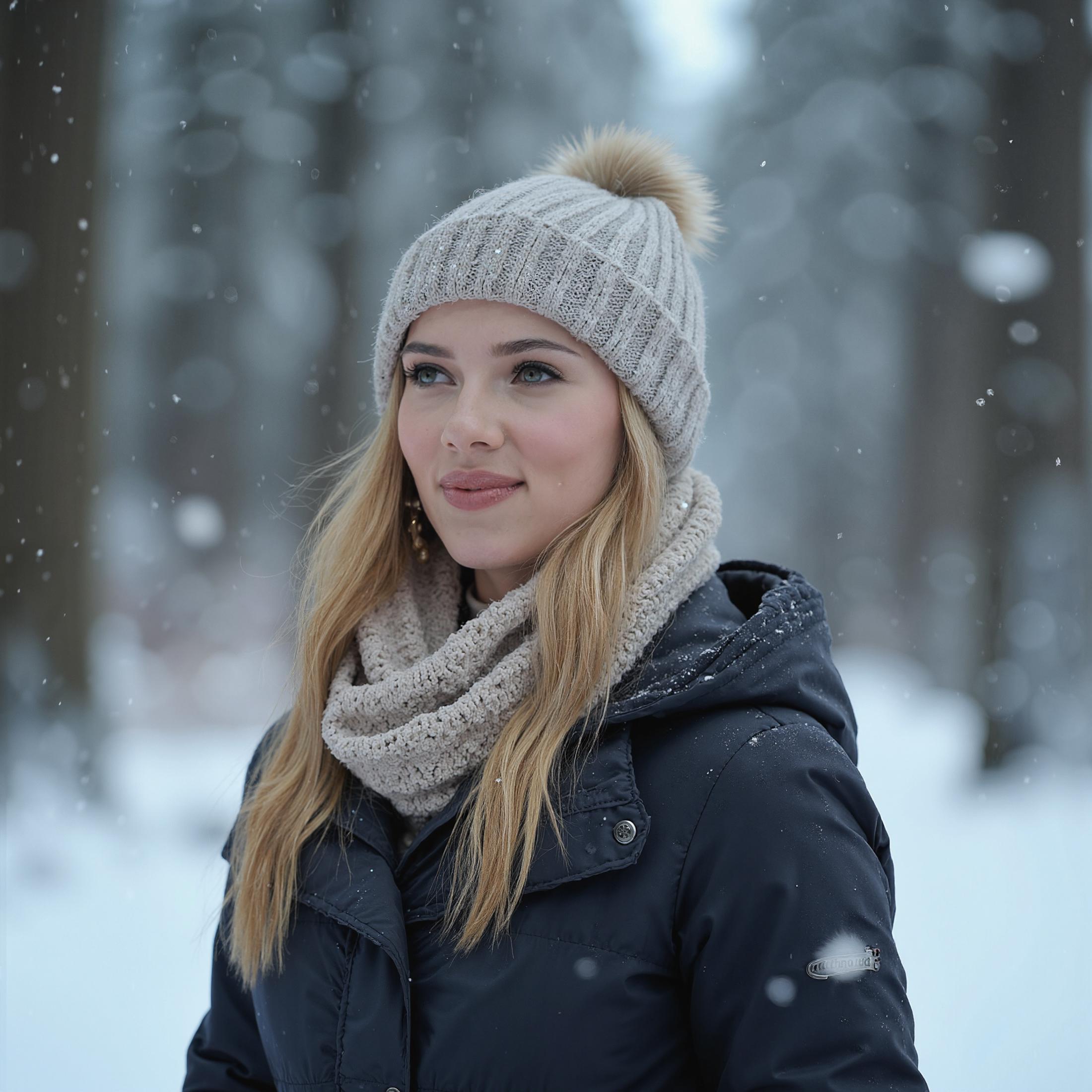 A stunning portrait of Scarlett Johansson standing in a serene snowy forest. The scene captures her amidst a gentle snowfall, with delicate snowflakes drifting around her and collecting on the ground. The forest is enveloped in a tranquil, wintry atmosphere, with snow-covered evergreen trees and a soft, powdery blanket of snow covering the forest floor.

Scarlett Johansson is dressed warmly for the winter weather. She is wearing a cozy beanie hat made from a thick, knitted material in a neutral color, such as light gray or soft cream. The beanie fits snugly on her head, with a subtle ribbed texture and perhaps a small pom-pom on top, adding a touch of charm. She is also wrapped in a soft, knitted scarf that matches or complements her beanie, draped comfortably around her neck and shoulders.

Her outfit is completed with a stylish winter coat or jacket that is both practical and fashionable, featuring a sleek design with a flattering cut. The coat is designed in a muted color, such as navy or charcoal, to blend harmoniously with the snowy landscape.

Scarlett’s expression is serene and contemplative, with a gentle smile that reflects the peaceful beauty of the snow-covered forest. Her skin is radiant against the white backdrop, and her makeup is minimal, highlighting her natural beauty with soft, rosy cheeks and a hint of color on her lips.

The background is a picturesque winter scene with tall, snow-laden trees and a muted, overcast sky that diffuses the light, casting a soft glow over the landscape. The lighting is natural and diffused, enhancing the purity and calm of the snowy environment.

The overall mood of the image is serene, elegant, and reflective, capturing the tranquil beauty of winter and Scarlett Johansson’s effortless grace.