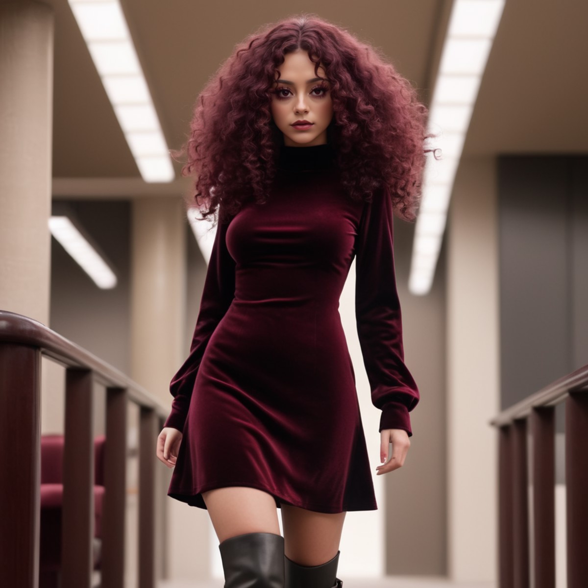 Woman wearing a burgundy velvet dress and chunky boots. Cinematic long shot manga of a woman with very long curly eyelashe...