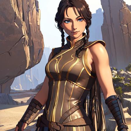  1girl,solo, sateleshan,smiling, looking at viewer, braided hair, sleeveless, armor, bare shoulders