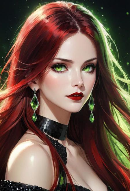 1 girl, solo, beautiful mature women, beautiful women, detailed face, (white skin:1.2), bare shoulder, blushing, (red and black fading long hair:1.2), light green eyes, dark lipstick, dark eyeliner, large ring shaped earing, serious look, ((oil paint texture)), black and red, dark colors, illustration anime, black crystals