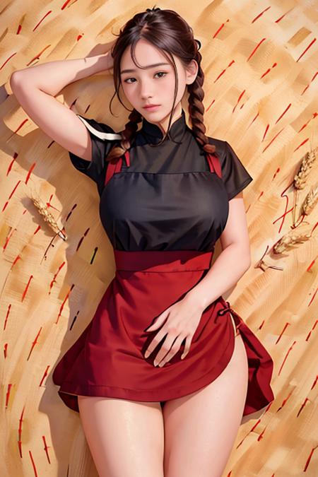 <(realistic:1.3), intricate details>, 1girl,full body,legs,wheat field,  braided bangs,braided ponytail,(solo:1.2),apron,thick thighs,side-tie panties, balck hair, 16yo,(on back:1.2),(cungu:1.2) ,<lora:cungu:1> ,red dress