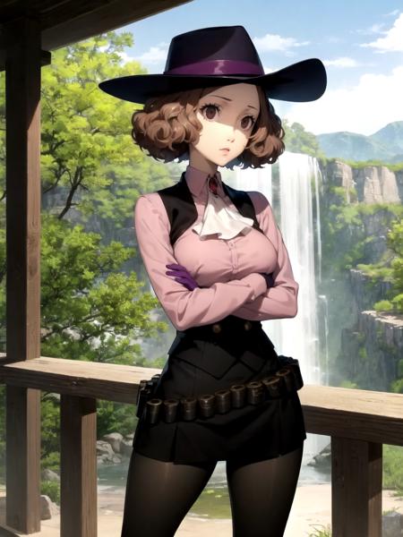 masterpiece, best quality, 1girl, solo, dsnoir, brown hair, short hair, brown eyes, pink shirt, ascot, vest, hat, pantyhose, bandolier, purple gloves, crossed arms, waterfall, canyon, cliffs, morning, sunny, awe-inspiring, picturesque
 <lora:dsharu-v2:1> <lyco:p5-anime_style_lc:0.6>